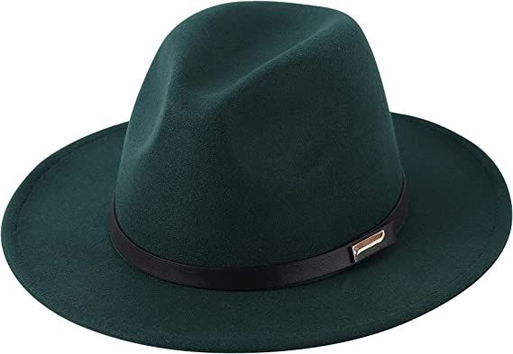 Lanzom Women Lady Retro Wide Brim Floppy Panama Hat Belt Buckle Wool Fedora Hat (One Size, 01-Dark Green) at Amazon Women’s Clothing store