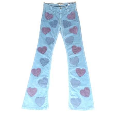 ***ITEM ON HOLD UNTIL 14TH FEB*** Incredible baby blue corduroy flares with patchwork blue and lilac frayed hearts