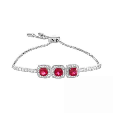 Sterling Silver 3-Stone Lab-Created Ruby & Lab-Created White Sapphire Bracelet