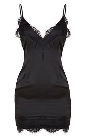 Black Lace Trim Satin Bodycon Dress | Dresses | PrettyLittleThing