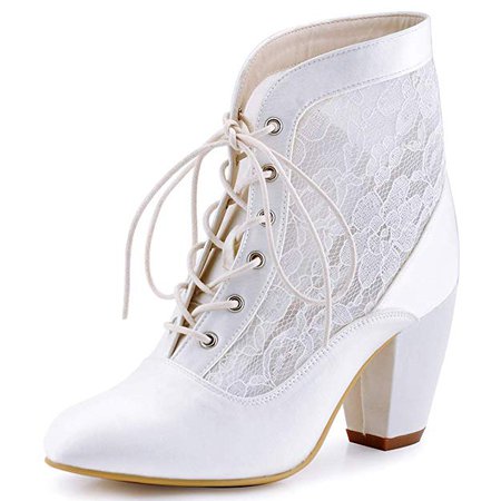 Amazon.com | ElegantPark HC1528 Women Closed Toe Chunky Heel Lace Up Satin Lace Wedding Bridal Boots Ivory US 8 | Ankle & Bootie
