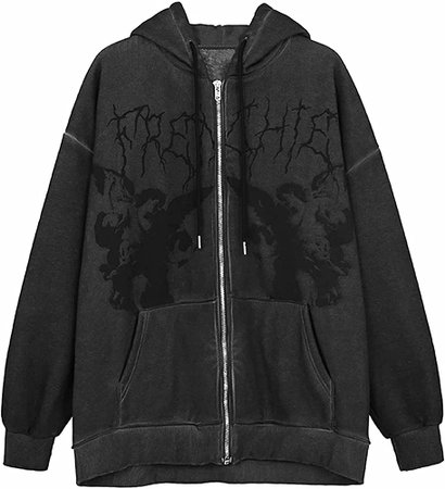 Women’s Oversized Y2K Sweatshirt Long Sleeve Zip up Punk Goth Printed Hoodie Aesthetic Drawstring Jacket with Pockets Black at Amazon Women’s Clothing store