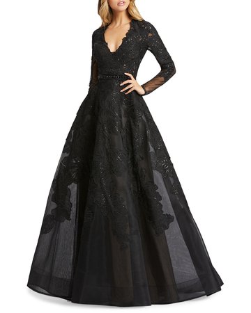 Mac Duggal Queen Anne Long-Sleeve Floral Applique Ball Gown | Neiman Marcus