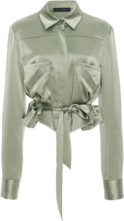 Sally LaPointe Cropped Belted Satin Blouse