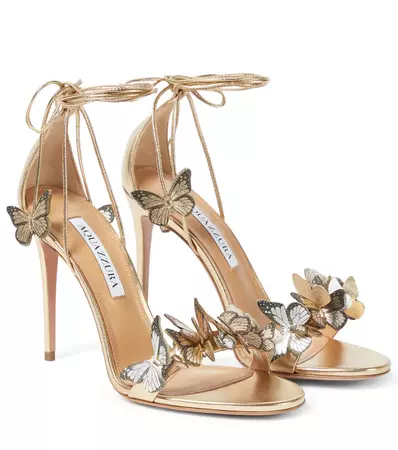 Papillon 105 Applique Leather Sandals in Gold - Aquazzura | Mytheresa