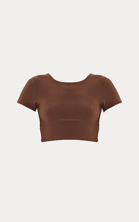 Dark Brown Slinky Short Sleeve Crop Top | PrettyLittleThing USA