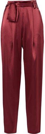 Belted Satin Tapered Pants - Claret