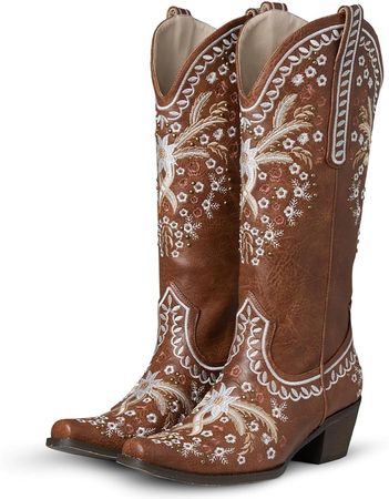 Amazon.com: EQAUDES Western Cowboy Boots Cowgirl Chunky Heel Mid Calf Boot Snip Toe Embroidery Riding Boots : Clothing, Shoes & Jewelry