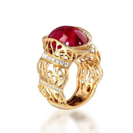 Ring of The Coral Reef collection, Yellow gold 750, Tourmaline rubellite 11,07 ct., Diamonds by Mousson Atelier