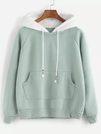 Pale Green Raglan Sleeve Pocket Sweatshirt With Contrast Hood