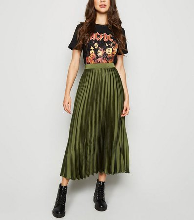 Green Pleated Satin Midi Skirt | New Look