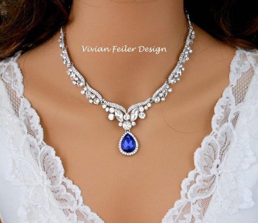 Sapphire Blue Wedding Necklace Bridal Necklace Crystal Tear Drop Jewelry Red Clear Green Statement Necklace