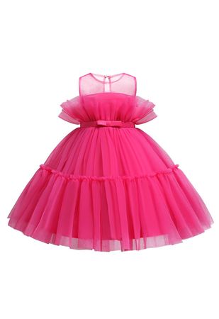 Bowknot Waist Tulle Dress in Magenta for Kids - Retro, Indie and Unique Fashion