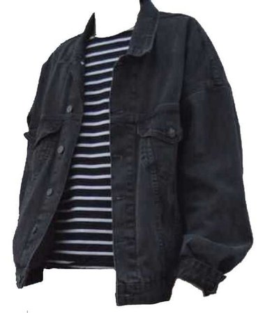 black jean jacket over a black and white striped tee shirt