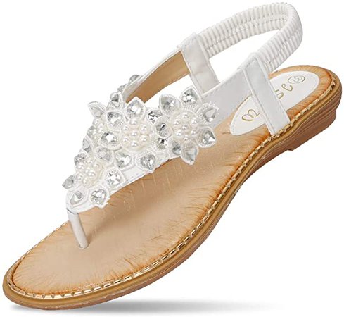 Amazon.com | CARETOO Ladies Flat Sandals Shoes, Women Fashion T Strap Summer Flip Flops Sandal, Rhinestone Bling Backstrap Beach Sandal | Flats