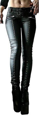 Women's Goth Punk Faux Leather Pants Mid Rise Lace Up Leather Motorcycle Leggings Novelty Studded and Skinny Pants Black at Amazon Women’s Clothing store