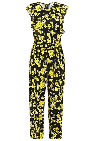 Black Cropped belted ruffle-trimmed floral-print stretch-jersey jumpsuit | Sale up to 70% off | THE OUTNET | MICHAEL MICHAEL KORS | THE OUTNET