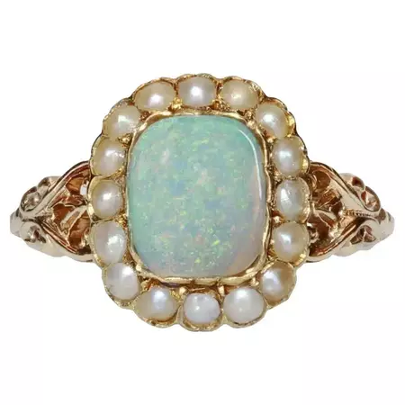 19th Century 0.79 Carat Opal Natural Pearls 18 Karat Yellow Gold Ring For Sale at 1stDibs | pearl and opal jewelry, pearl and opal ring, opal and pearl ring