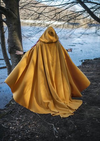 Yellow cloak Vegan Wool Druid Cape Hooded Cloak Elven Costume | Etsy