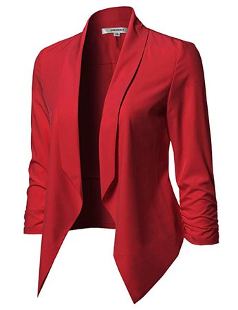 Solid Lightweight Open Front Shirring Sleeve Blazer Red Size L at Amazon Women’s Clothing store: