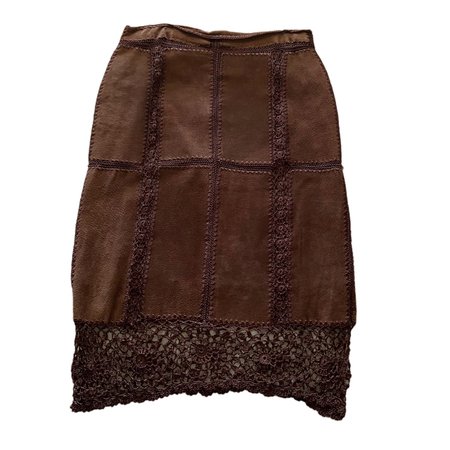 forest fairy style brown leather + lace detailed patchwork midi skirt