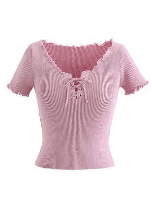 lettuce Edge Lace-Up Crop Knit Top in Pink - Retro, Indie and Unique Fashion