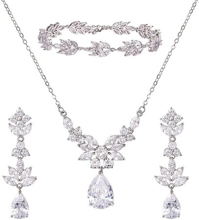 Amazon.com: SWEETV Teardrop Wedding Bridal Jewelry Set for Brides Women Birdesmaid, Crystal Rhinestone Backdrop Necklace Earring Sets for Prom (Silver-Necklace+Earrings+Bracelet): Clothing, Shoes & Jewelry