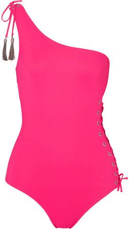 Emma Pake - Bianca One-shoulder Tasseled Lace-up Swimsuit - Bright pink