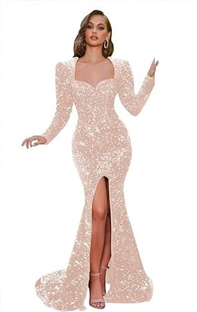 Amazon.com: Stylefun Long Sleeve Sequin Mermaid Prom Dress for Women Gorgeous Sparkly Evening Party Gowns with Slit CYM092 : Clothing, Shoes & Jewelry