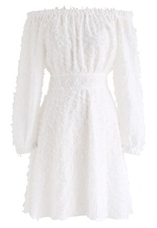 Tassel Trim Off-Shoulder Midi Dress in White - NEW ARRIVALS - Retro, Indie and Unique Fashion
