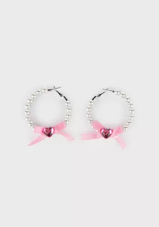 Pearl Bow Heart Hoop Earrings - White/Pink – Dolls Kill