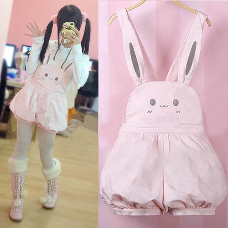 Pink Kawaii Overalls Girl Summer Rompers Cute Bunny Lantern Shorts Lolita Jumper Cute Rabbit Japanese Suspender Strap Jumpsuits|Rompers| - AliExpress