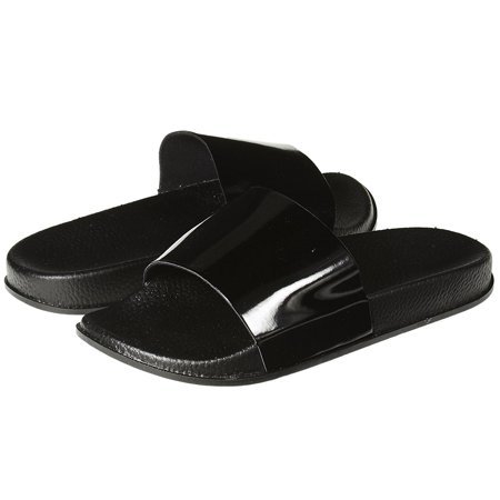 Sara Z - Sara Z Womens Mirror Metallic Soft Slip-On Slide Slippers Casual Lounge Street Fashion Open Toe Flat Sandal Size 7/8 Black - Walmart.com