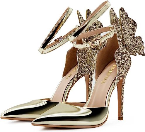 Amazon.com | FINDVELL Gold High Heels Butterfly Back Sexy Stiletto Pumps Closed Toe Sparkly Ankle Strap Heels Sandals Dress Shoes for Women Size 5.5 | Pumps