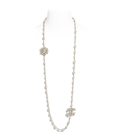 Long Necklace, metal, glass pearls, diamanté & resin, gold, pearly white & crystal - CHANEL