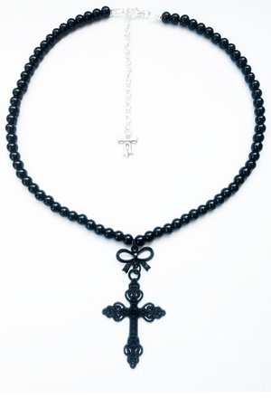 Bow Ornate Cross Black Bead Gothic Necklace | Gothic