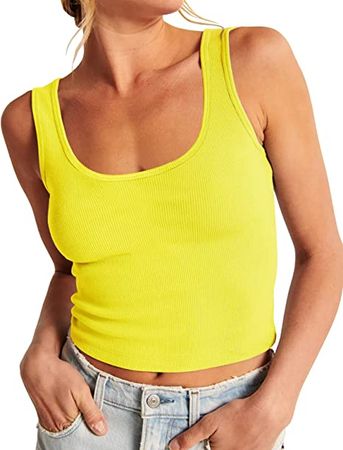 Artfish Women's Sleeveless Shirt Ribbed Fitted Scoop Neck Basic Long Crop Tank Top Square Cotton Bright Yellow, XS at Amazon Women’s Clothing store