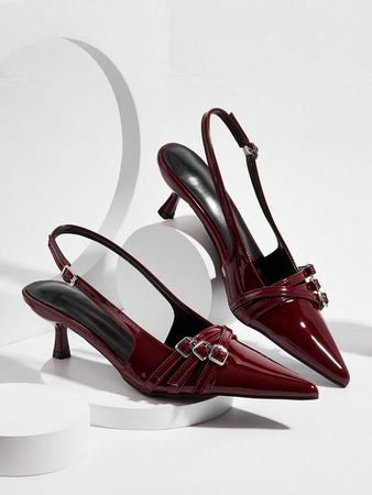 Sexy And Elegant Pointed Toe Patent Leather Stiletto High Heels With Metal Buckle Strap, Wine Red, For Wedding And Party | SHEIN