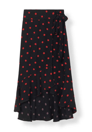Ganni Barra Crepe Wrap Skirt - Black/Red Dots | Garmentory