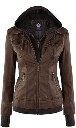 Lock and Love LL WJC664 Womens Faux Leather Jacket with Hoodie S Coffee at Amazon Women's Coats Shop
