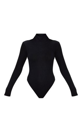 Black Brushed Rib Roll Neck Long Sleeve Bodysuit | PrettyLittleThing