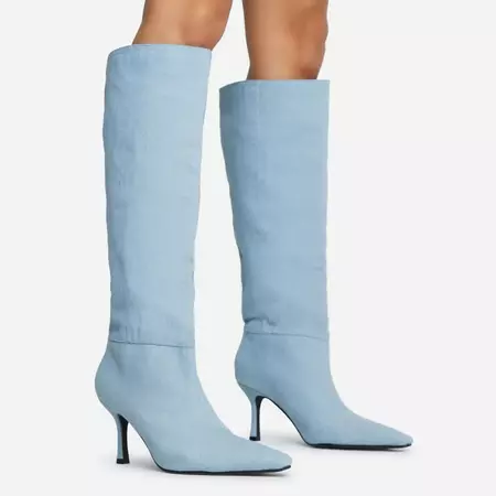 Britney Pointed Toe Low Heel Knee High Long Boot In Light Blue Denim | EGO