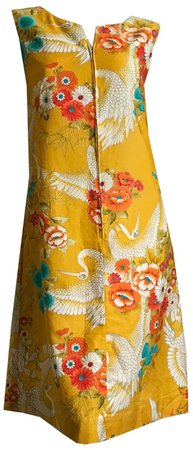 Crane Print Colorful Hawaiian Shift Silk Dress circa 1960s