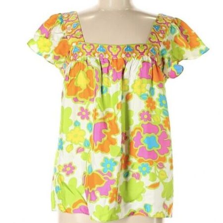 Milly Green Yellow Short Sleeve Square Neck Silk Floral Side Zip 60s Print Top 8 | eBay