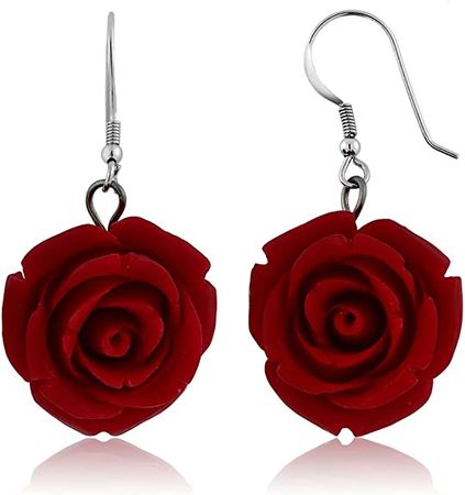 Amazon.com: Gem Stone King 20MM 925 Sterling Silver Red Simulated Coral Carved Rose Flower Earrings: Dangle Earrings: Clothing, Shoes & Jewelry