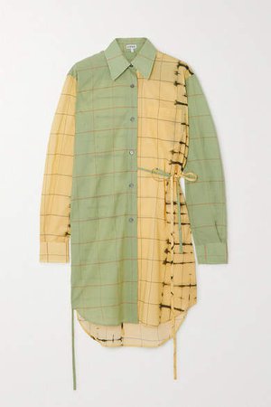 Belted Checked Cotton-poplin And Cotton And Silk-blend Shirt - Green