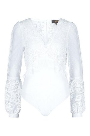 Premium V Neck Lace Chiffon Bodysuit | Boohoo