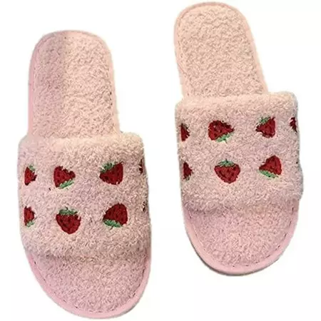 pink strawberry fuzzy slippers | shuwee