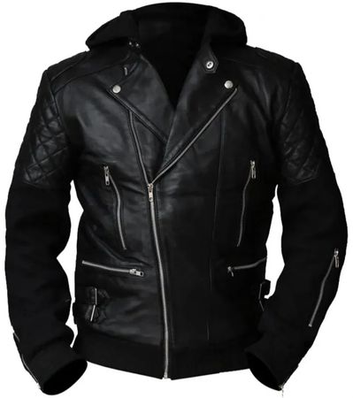 Black Motorcycle Leather Jacket with Hood