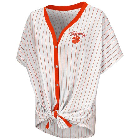 Clemson Tigers Colosseum Women's Playground Pinstripe Oversized Button-Up T-Shirt - White